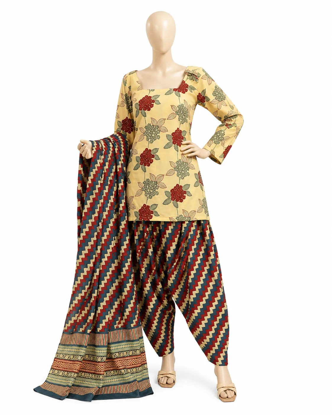 Women’s Printed Kurta Salwar Dupatta Set in Beige and Brown view 3